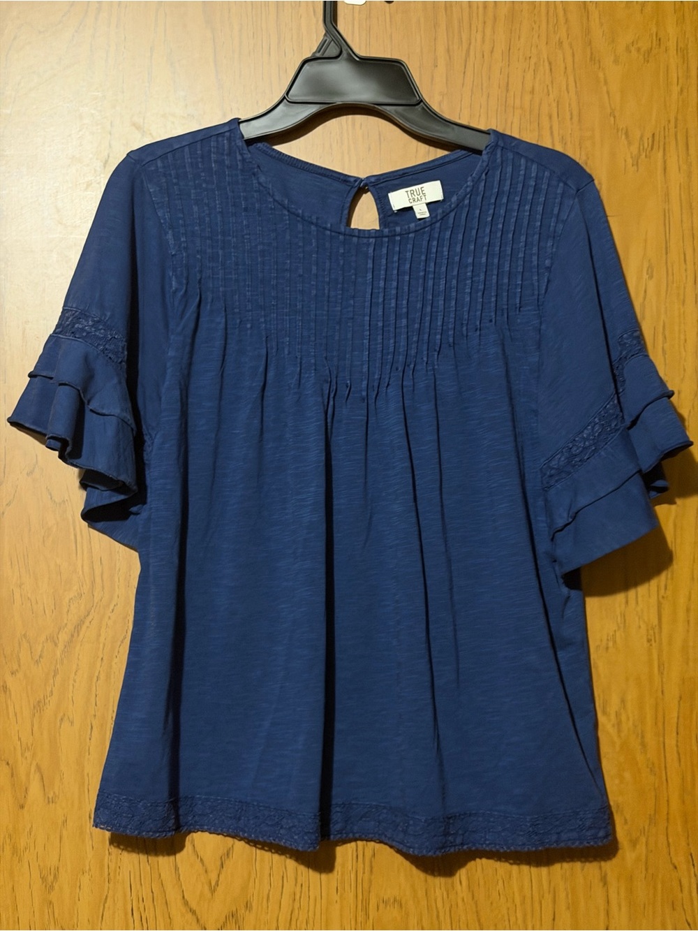 True Craft Navy Pintuck Ruffle Sleeve Blouse
